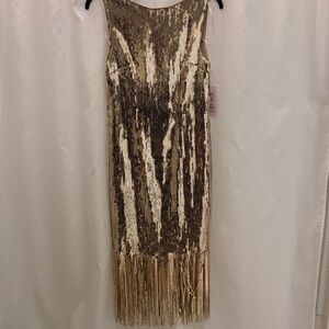 Nanette Lepore Gold Sequin Midi Dress with sequined fringe